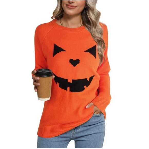 Womens 2XL  Halloween Orange Sweater Pumpkin Face Design Cozy & Fun Festive - Picture 1 of 11